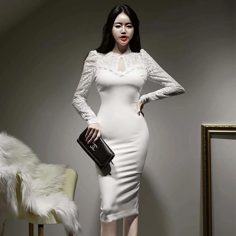 

Модное корейское винтажное платье миди с круглым вырезом и пышными рукавами для вечерние женское элегантное кружевное прозрачное облегающее женское платье в офисном стиле