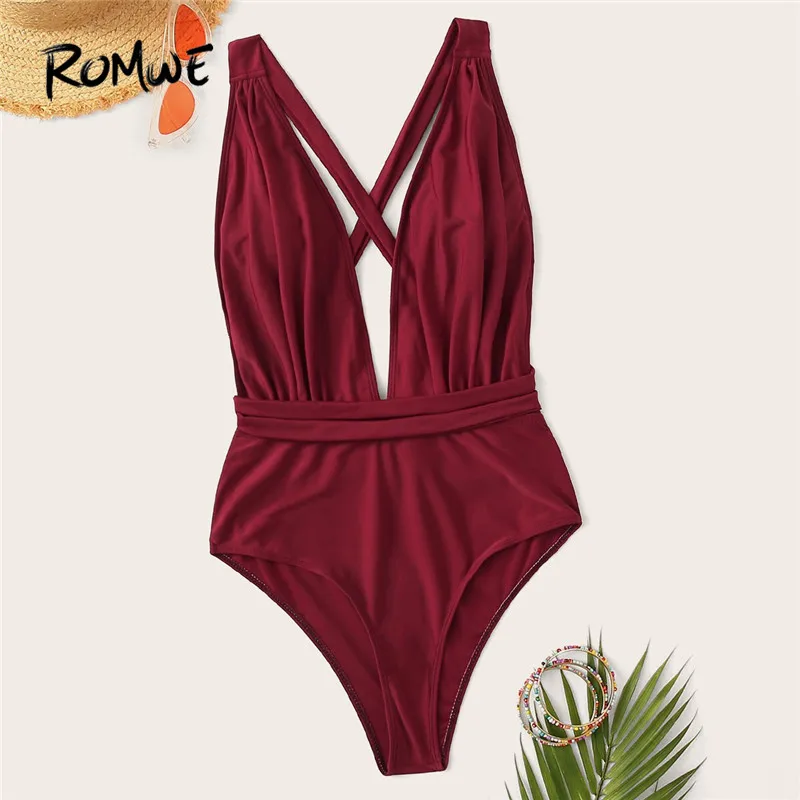 

Romwe Sport Plunging Neck Criss-Cross Backless One Piece Swimsuit Burgundy Sexy Swimwear Women Solid Ruched Monokini Swim Suit