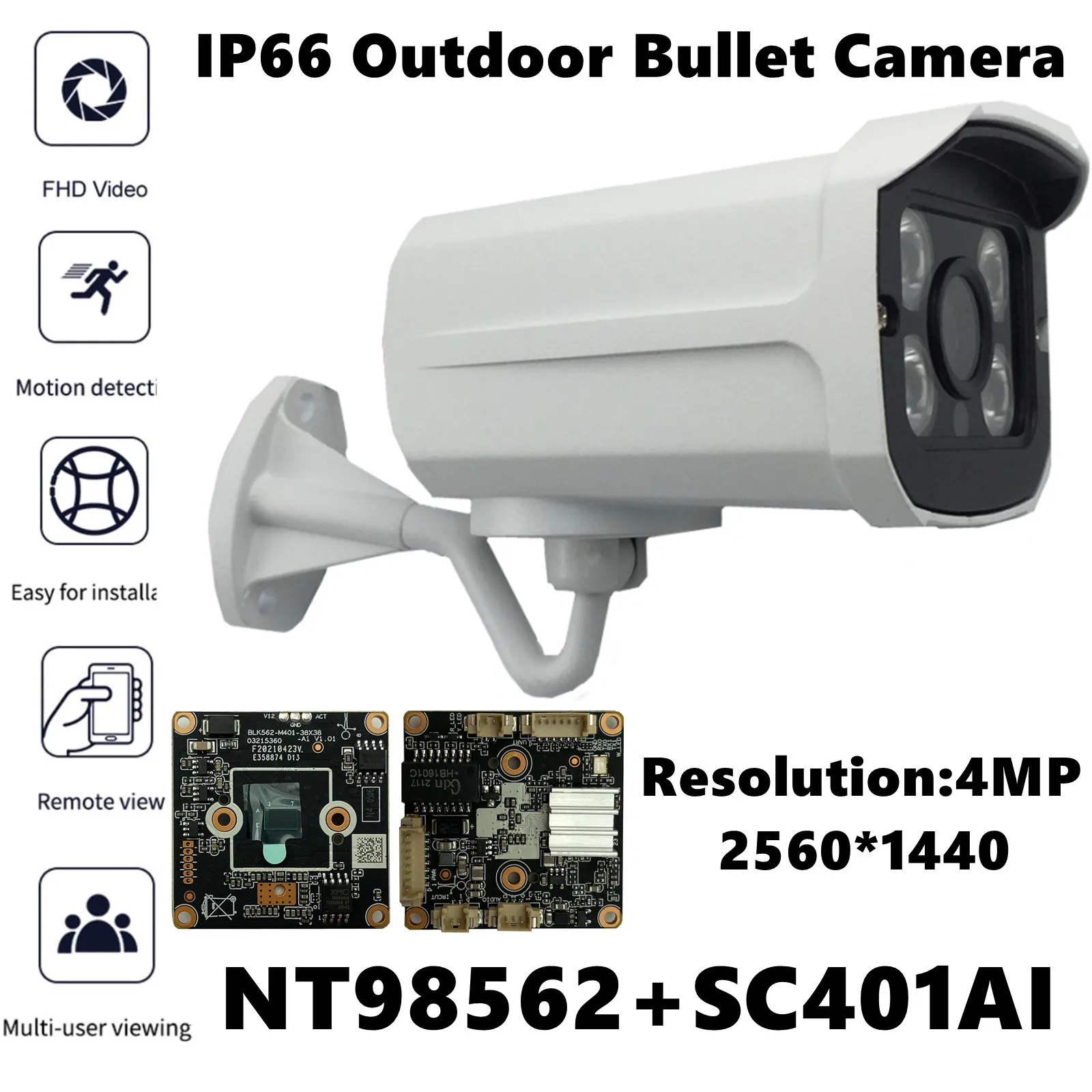 NT98562+SC401AI IP Metal Bullet Camera 4MP 2560*1440 4 Array LEDs IRC VMS XMEYE ONVIF Low illumination Radiator P2P IP66 Outdoor |