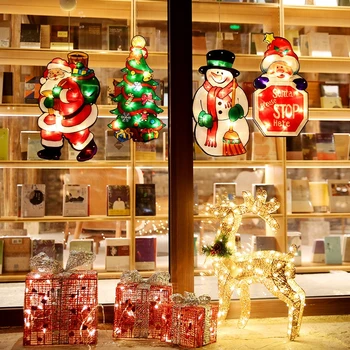 

Waterproof Christmas Decorations Window Blinking Lights with Suction Cup Hanging Decor Santa Claus Snowman Christmas Trees Elks