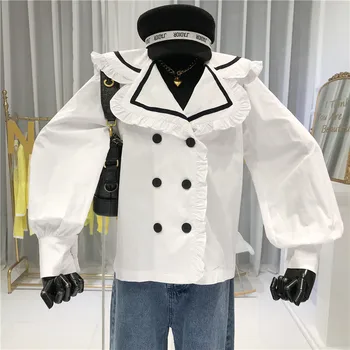 2020 Spring Autumn New Korean Mix Color Flounced Large Lapel Retro Long-sleeved Shirt Female Blouse Loose Tops Femme 
2020 Spring Autumn New Korean Mix Color Flounced Large Lapel Retro Long-sleeved Shirt Female Blouse Loose Tops Femme