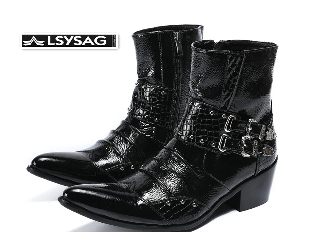 Fashion Height Increasing Men Boots Punk Rivets Genuine Leather Ankle Boots Pointed Toe Men Motorcycle Boots 
Fashion Height Increasing Men Boots Punk Rivets Genuine Leather Ankle Boots Pointed Toe Men Motorcycle Boots
