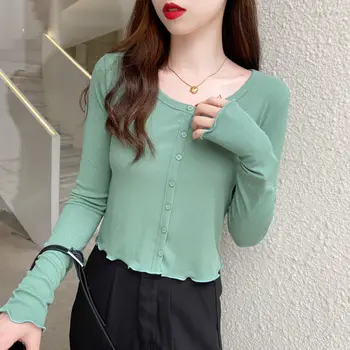 PX2349 Niche women's long-sleeved T-shirt with wood ears 
PX2349 Niche women's long-sleeved T-shirt with wood ears