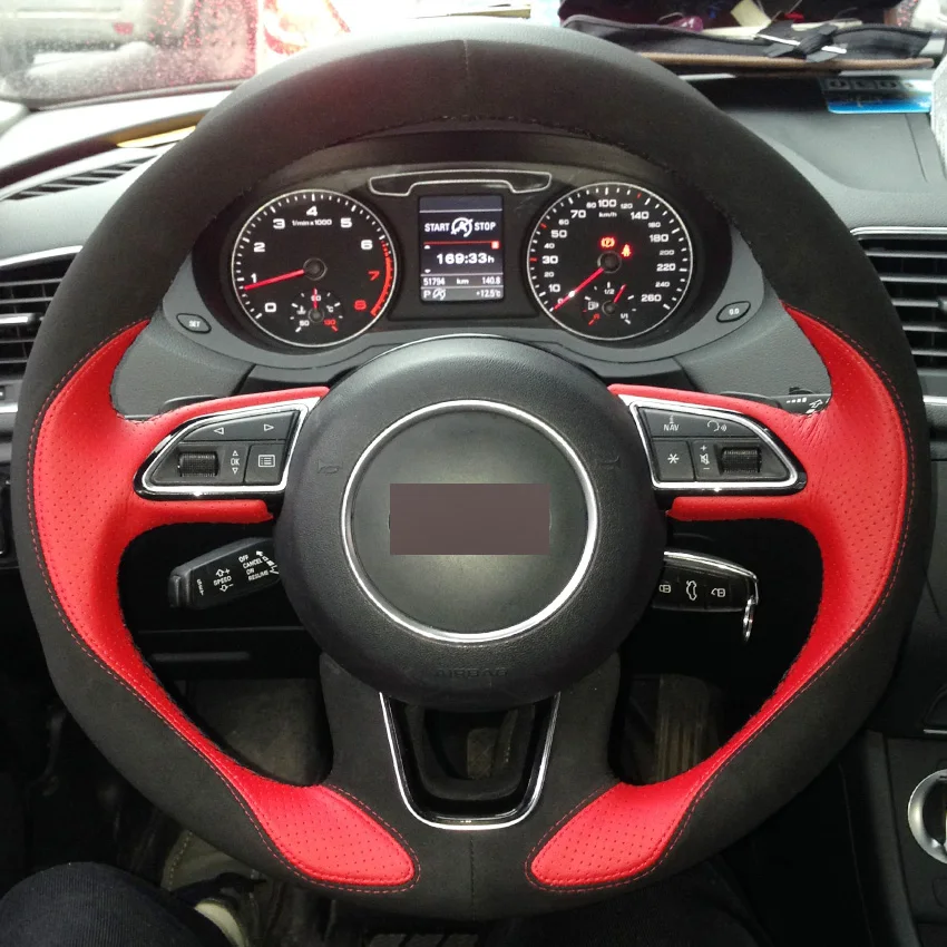 Фото Рука сшитый чехол рулевого колеса автомобиля Красный кожа черная замша для Audi Q3 Q5