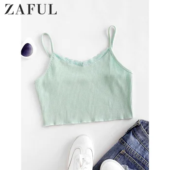 

ZAFUL Women'S Tank Top Lace Trim Ribbed Cami Top Short Tank Top Lace Panel Cropped Top 2020 Spring Summer Casual Tanks Fashion