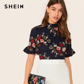 SHEIN Abaya Navy Mock-Neck Ruffle Cuff Floral Print Tee Top Women Summer Flounce Sleeve Ladies Slim Fit Elegant Tshirt Tops 
SHEIN Abaya Navy Mock-Neck Ruffle Cuff Floral Print Tee Top Women Summer Flounce Sleeve Ladies Slim Fit Elegant Tshirt Tops