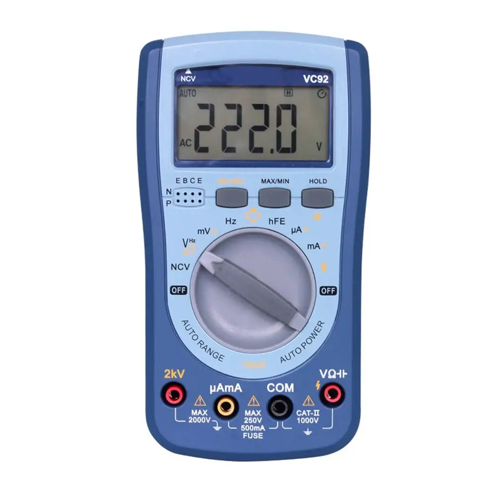 Digital Multimeter DC/AC Current Voltage T-RMS Auto Range NCV/Capacitor/ Frequency/Triode/ Diode Tester VC92
Digital Multimeter DC/AC Current Voltage T-RMS Auto Range NCV/Capacitor/ Frequency/Triode/ Diode Tester VC92