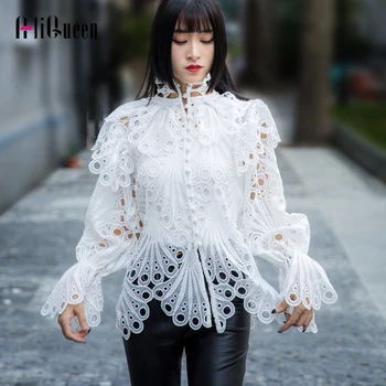 

Sexy Hollow Out Ruffle Lace Shirt Turtleneck Flare Long Sleeve Embriodery Runway Blouse Retro Tops Blusa Women Tops and Blouses