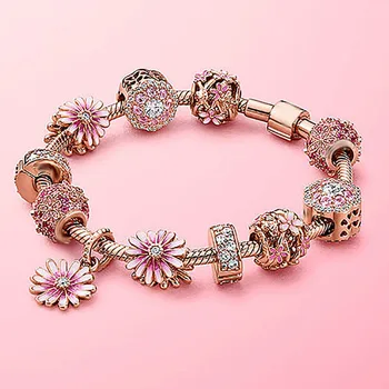 

Original 925 Sterling Silver Bracelet Pink Sparkling Daisy Flower Bracelet Bangle Fit Bead Charm Diy Fashion Jewelry