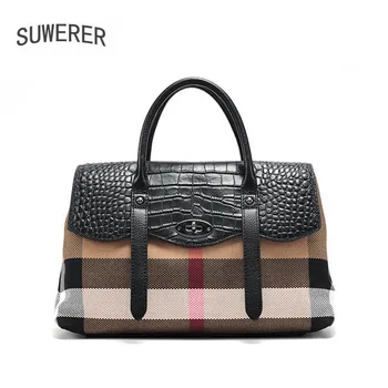 SUWERER New Women Genuine Leather bag fashion real Cowhide with canvas tote bag luxury handbags women bags designer stripe bag
SUWERER New Women Genuine Leather bag fashion real Cowhide with canvas tote bag luxury handbags women bags designer stripe bag