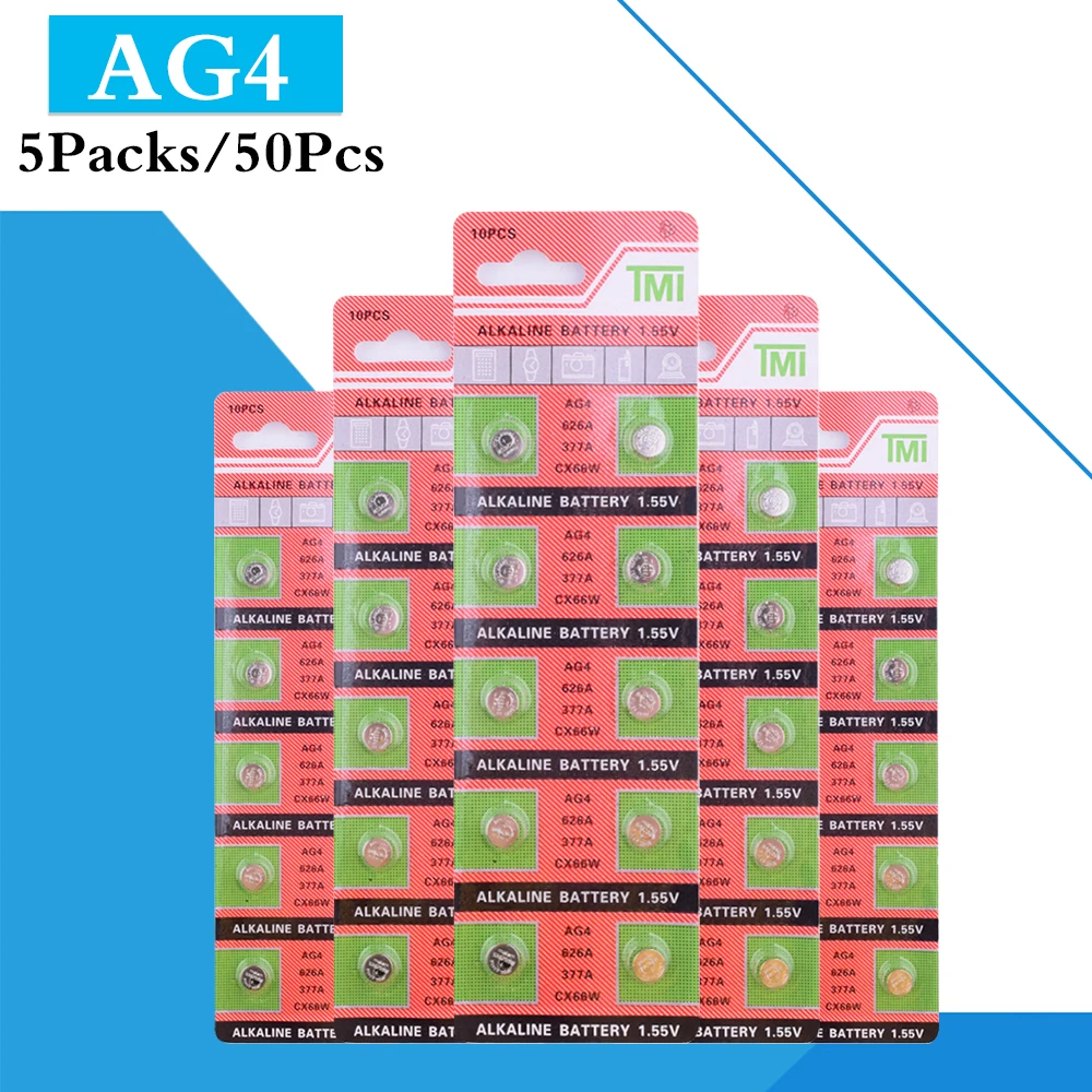 50PCS/ 5 Pack AG4 LR626 377A Button Batteries SR626 LR66 177 Cell Coin Alkaline Battery 1.55V CX66W For Watch Toys Remote
50PCS/ 5 Pack AG4 LR626 377A Button Batteries SR626 LR66 177 Cell Coin Alkaline Battery 1.55V CX66W For Watch Toys Remote