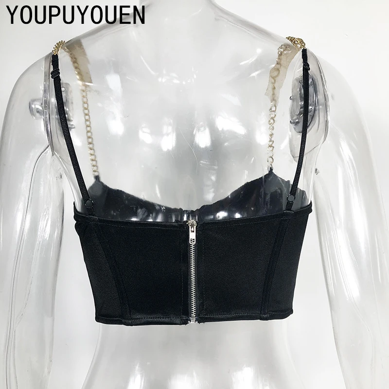 2020 Cami Crop Top Sexy Satin Women Chain Tops Short Camisole Corset Spaghetti Strap Summer Bralette Backless Croptop Black Red