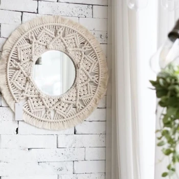

Macrame Makeup Hanging Wall Mirror Handmade Tapestry Fringe Bohemia Decoration for Apartment Living Room Bedroom