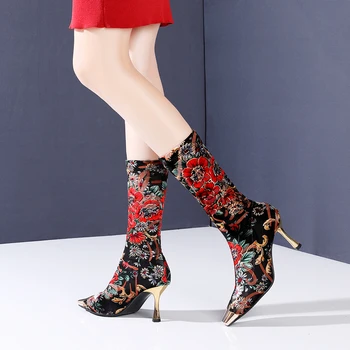 Aliona Shoo Women Ethnic Sock Boots Metal Square Toe Flower Print High Heels Shoes Gold Stiletto Heels Ankle Booties Woman 34-40
Aliona Shoo Women Ethnic Sock Boots Metal Square Toe Flower Print High Heels Shoes Gold Stiletto Heels Ankle Booties Woman 34-40