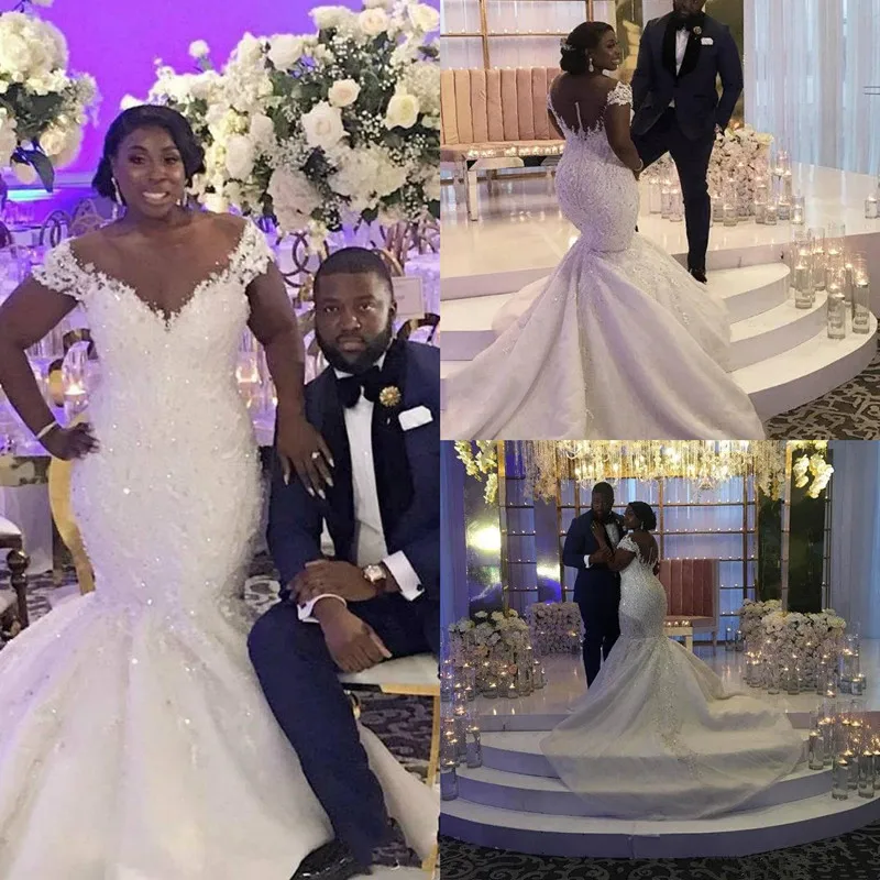 2019 Plus Size Arabic Lace Mermaid Wedding Dress Sheer Scoop Sequined Vestido De Novia Appliques chapel Train Custom Bridal Gown 
2019 Plus Size Arabic Lace Mermaid Wedding Dress Sheer Scoop Sequined Vestido De Novia Appliques chapel Train Custom Bridal Gown