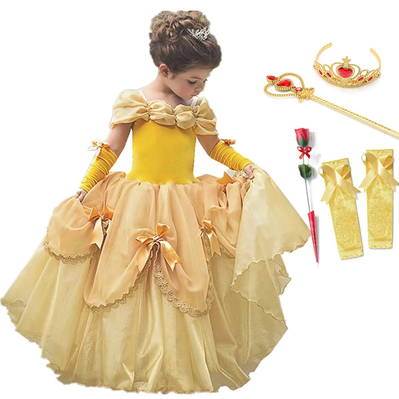 Princess Belle Dress for Girl Costumes Kids Floral Ball Gown Child Cosplay Bella Beauty and The Beast Costume Fancy Party | Детская