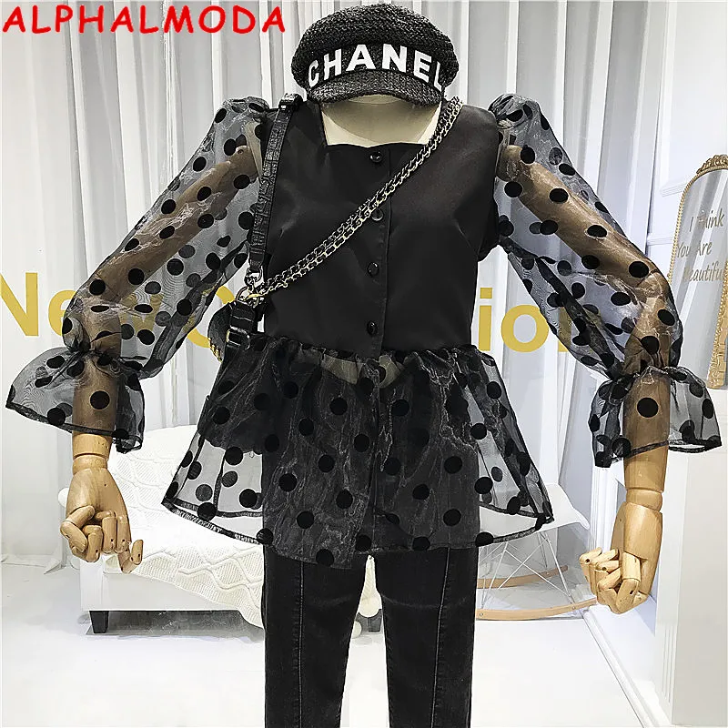 ALPHALMODA осень 2019 в горошек шифон рукав пэчворк квадратный воротник женская модная