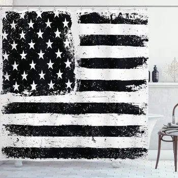 

United States Shower Curtain Grunge Aged Black and White American Flag Independence Fourth of July Design Bathroom Decor Set