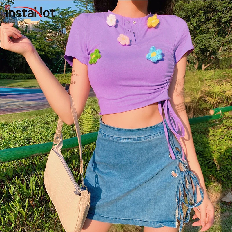 Женская облегающая футболка InstaHot фиолетовая Повседневная с круглым вырезом и