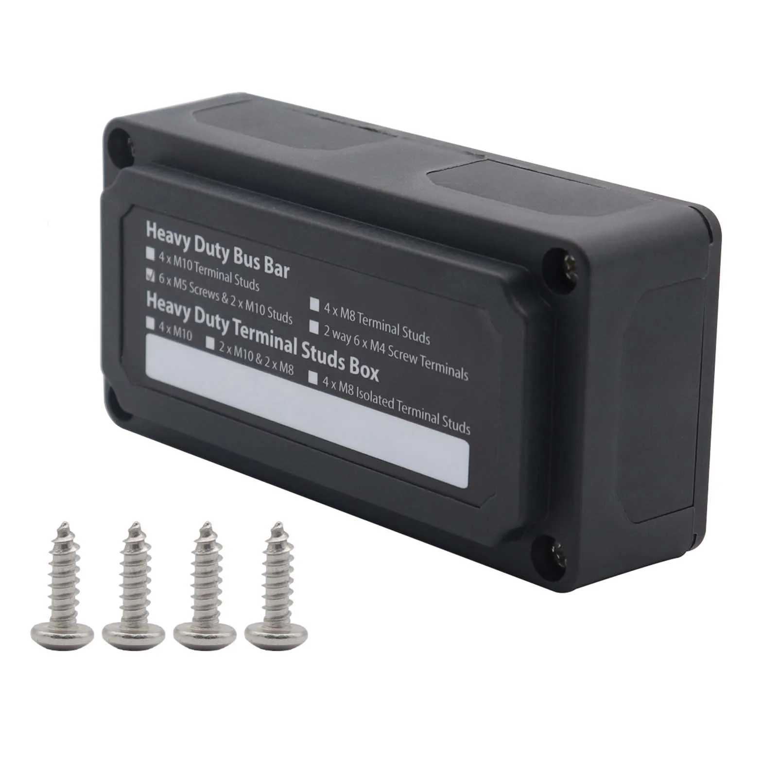 300A 48V Bus Bar Box General-purpose Durable Busbar Case for Auto Car Boat Marine Caravan RV Accessories w/M10 terminal studs
300A 48V Bus Bar Box General-purpose Durable Busbar Case for Auto Car Boat Marine Caravan RV Accessories w/M10 terminal studs