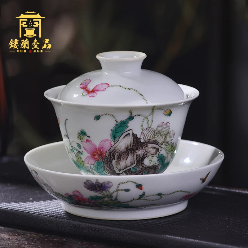 

|Jingdezhen ceramic hand-painted famille rose corn poppy all three just tureen tea bowl of kung fu tea set a single cup