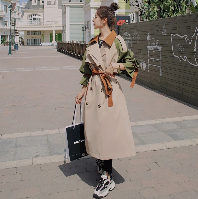Brand New Fashion Womens Trench Coat Colorblock Long Double-Breasted with Belt Lady Windbreaker Spring Autumn Outerwear Clothes