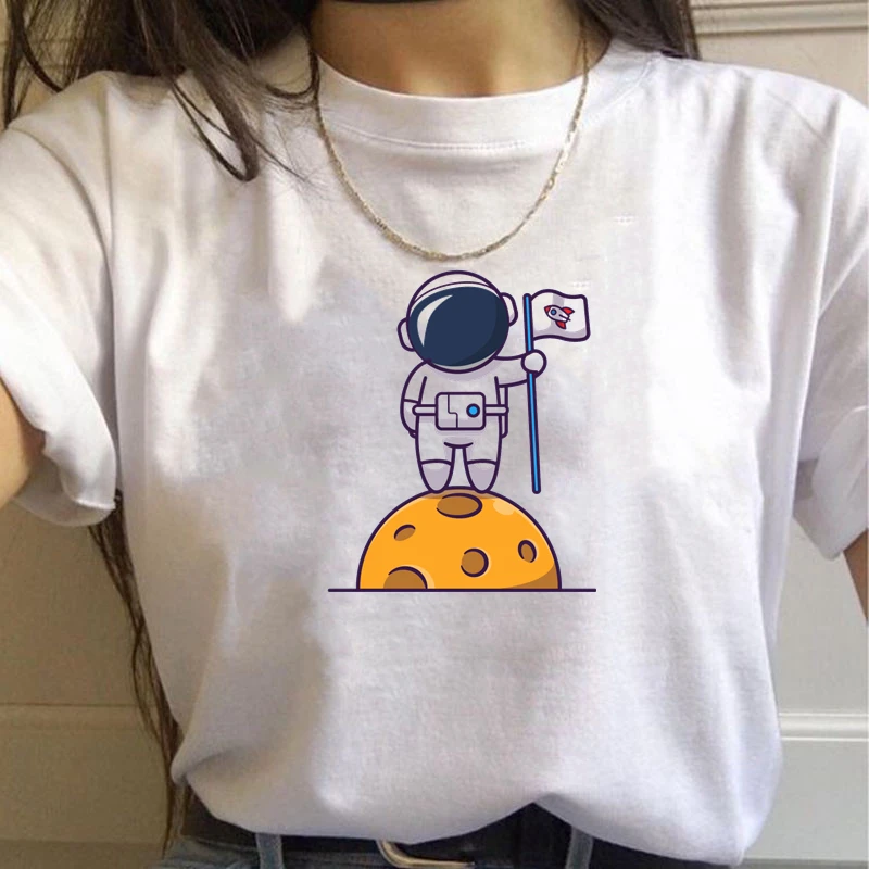 

Astronaut occupying the moon Cartoons Graphics Print Women t shirt Summer Casual Short Sleeve O-Neck Basic Tops Tees