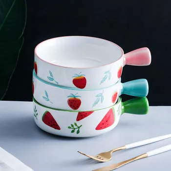 Japanese creative handpainted ceramic single handle baked bowl household lovely fruit salad baked rice bowl tableware 
Japanese creative handpainted ceramic single handle baked bowl household lovely fruit salad baked rice bowl tableware