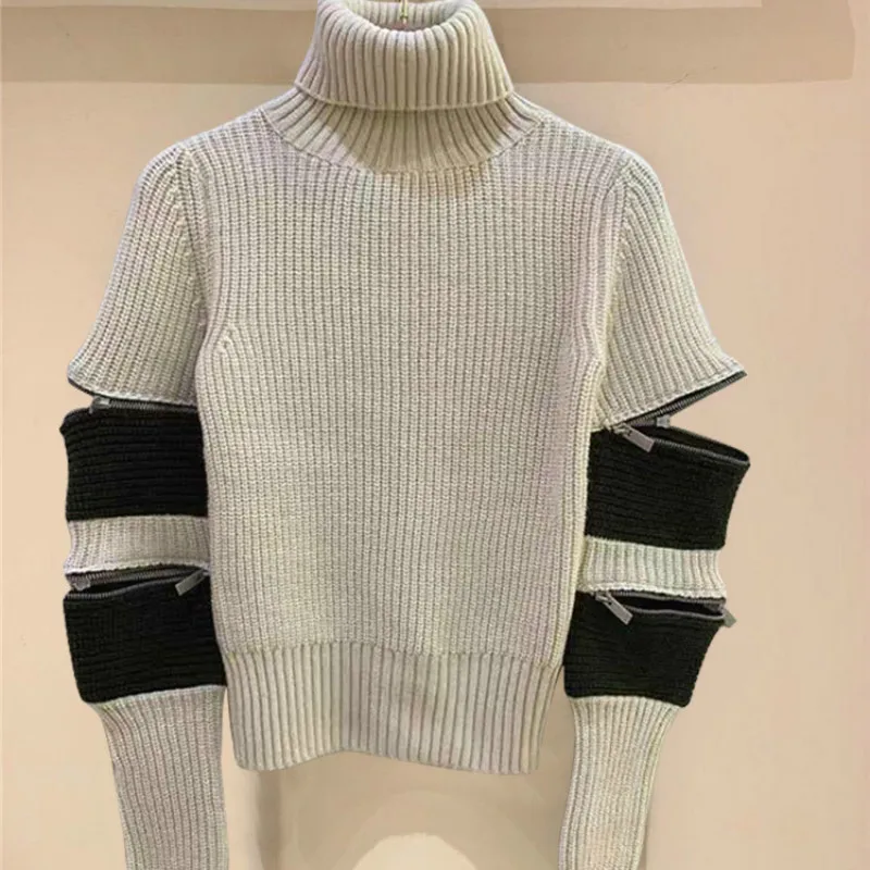 Autumn and winter new high collar zipper splicing pullover Wool Sweater for Women
Autumn and winter new high collar zipper splicing pullover Wool Sweater for Women
