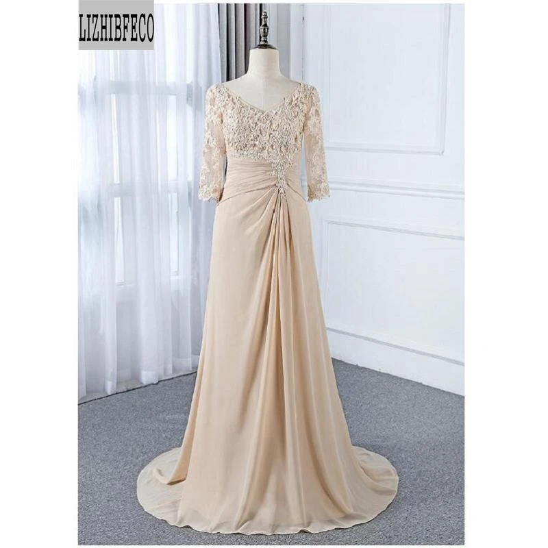 Champagne Chiffon Lace Beading V-Neck Half Sleeves Floor-Length A-line Mother of the bride dress Court Train
Champagne Chiffon Lace Beading V-Neck Half Sleeves Floor-Length A-line Mother of the bride dress Court Train