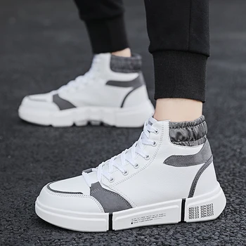 

Men Shoes Nice New Autumn Casual Leather Flat Shoes Lace-up Hight Top Color Matching Male Sneakers Tenis Masculino Adulto Shoes