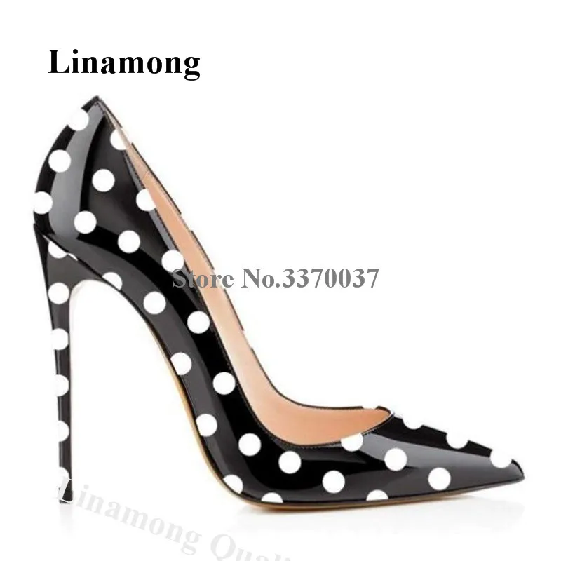 

Linamong Classical Pointed Toe Black Patent Leather Wave Point Stiletto Heel Pumps 8cm 10cm 12cm Slip-on High Heels Big Size