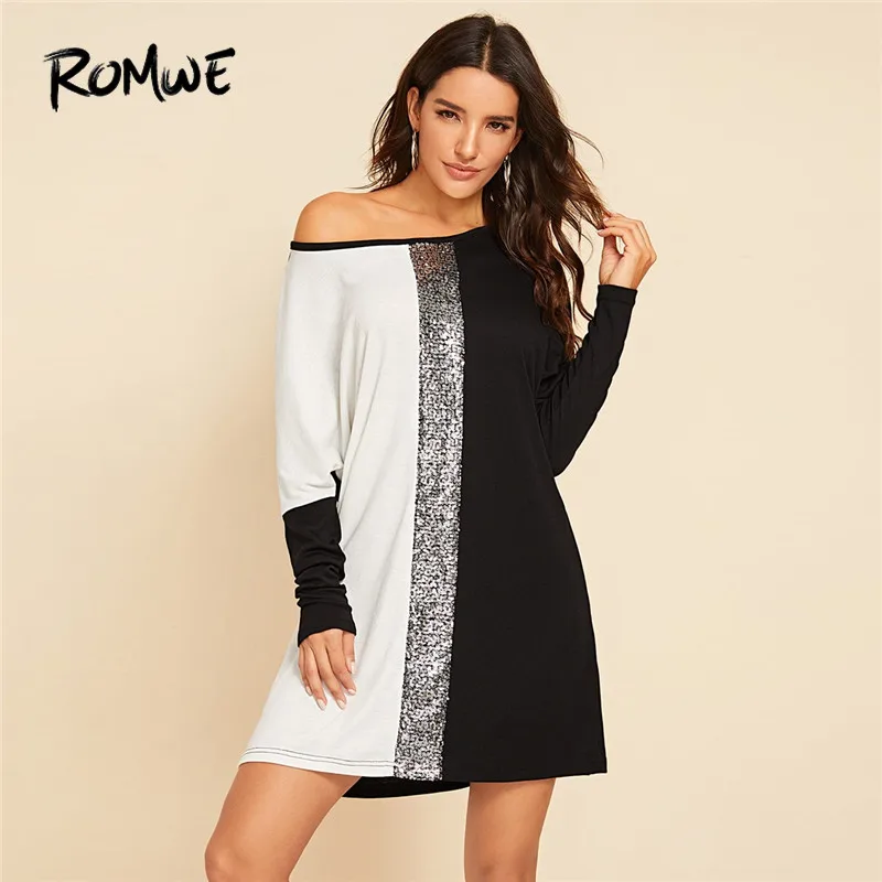 

ROMWE Contrast Sequin Cut And Sew T Shirt Dress Women 2020 Spring Casual Long Sleeve Dress Round Neck Straight Mini Dresses