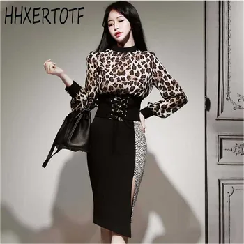 2020 spring autumn Round neck leopard stitching Long Sleeve Korean shirt +high waist Cross Strap split patchwork skirt suit 
2020 spring autumn Round neck leopard stitching Long Sleeve Korean shirt +high waist Cross Strap split patchwork skirt suit