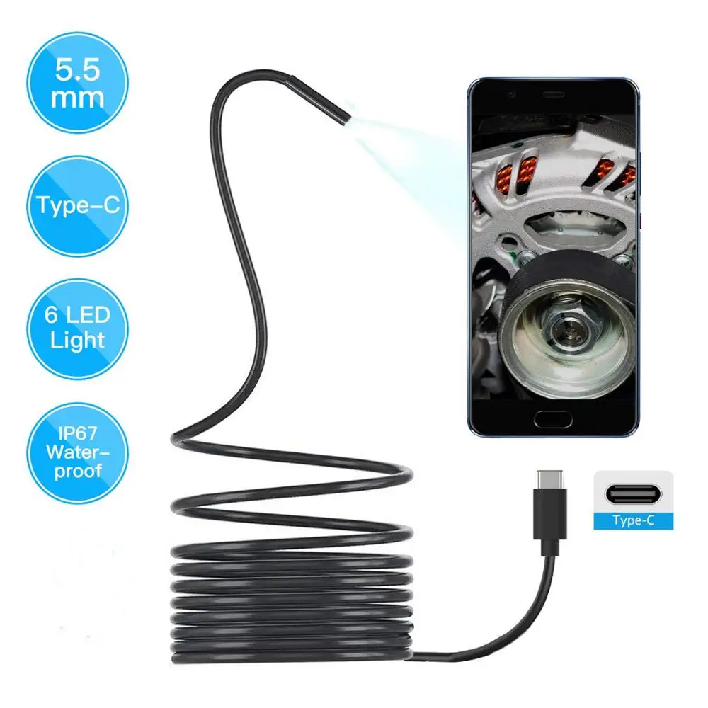 

Type c Endoscope Camera 5.5mm Flexible Snake Inspection Camera 480P USB Borescope for Car Pipe Repair Android Smartphone PC-2m