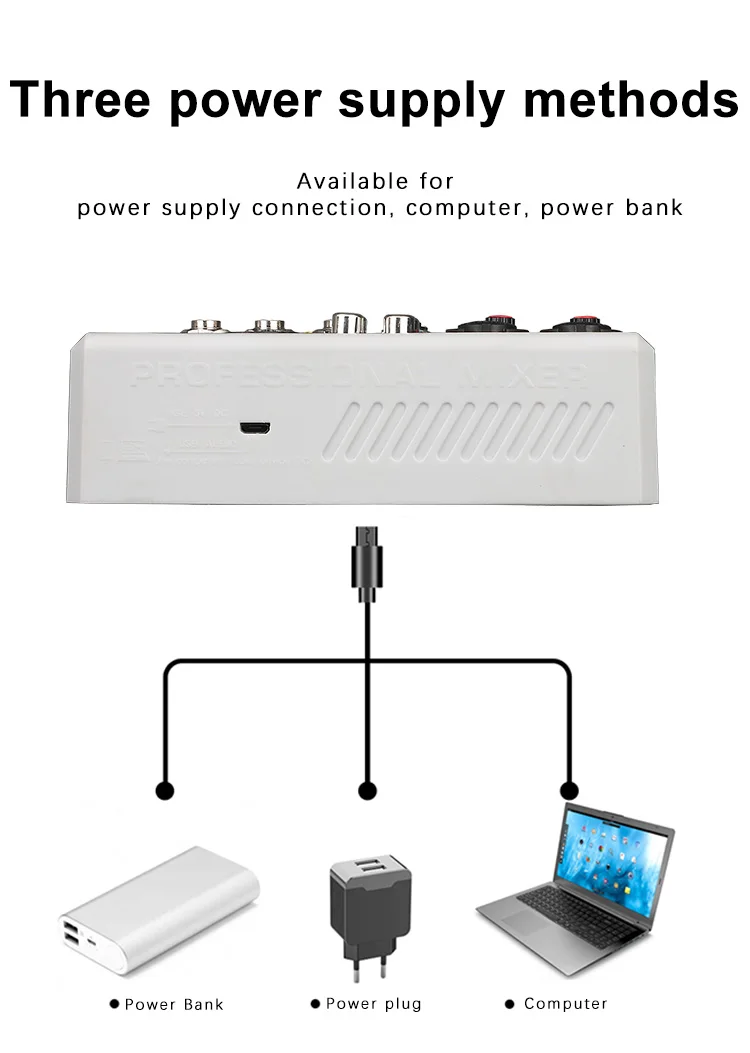 4 channel mixer audio interface dj mixing console karaoke with usb bluetooth powered by usb buses and mobile charger