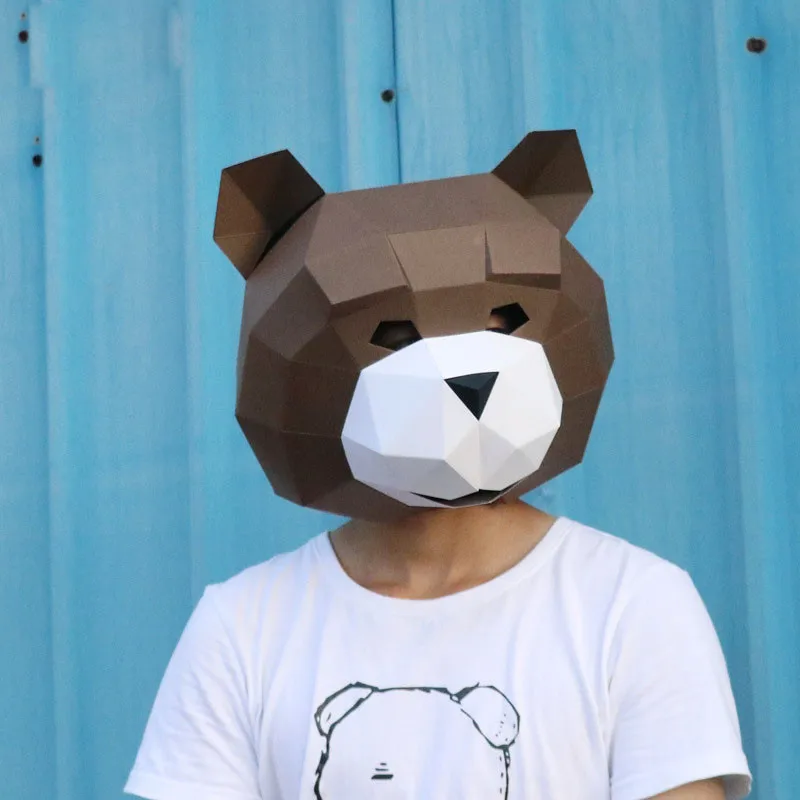 New DIY 3D Smile Teddy Bear Head Paper Mask Headgear Card Model Building Construction Toys Animals Party Show Halloween Props (7)