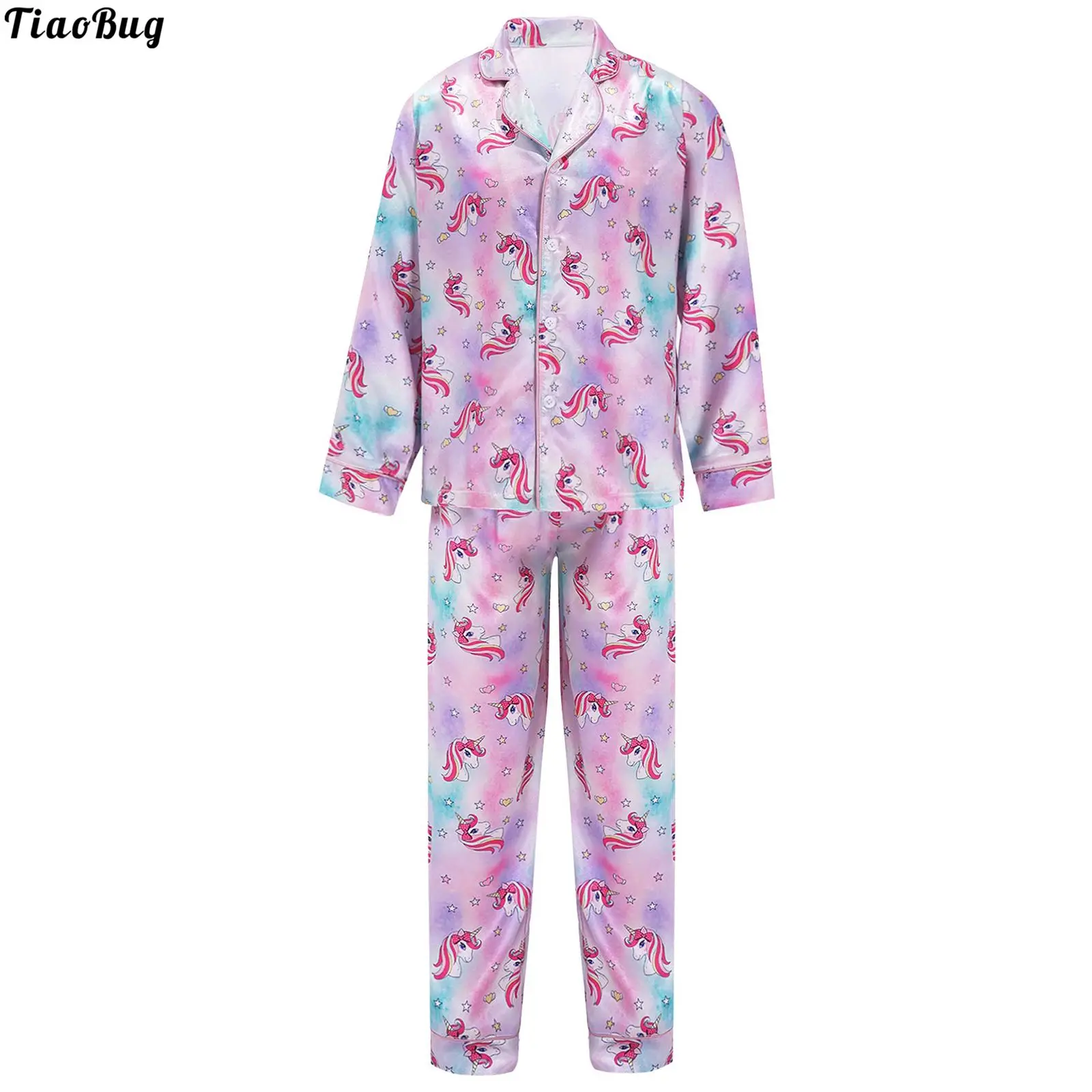 

Autumn Kids Girls 2Pcs Pajamas Set Lapel Collar Long Sleeves Front Buttons Cartoon Horse Print Shirt Tops And Pants Sleepwear