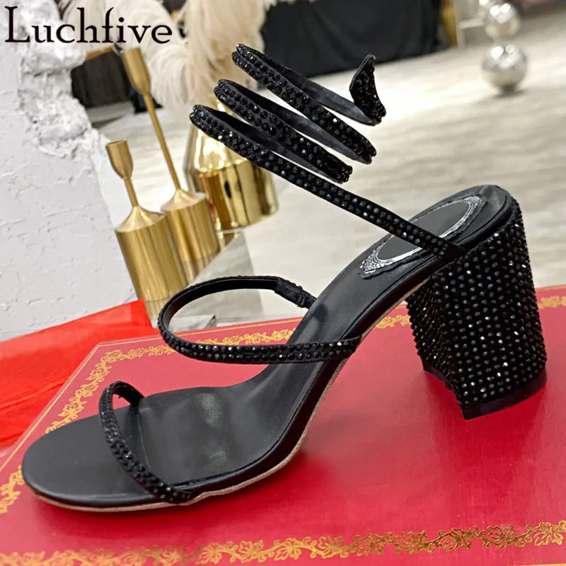 

Crystal Snake Circle Sandals Chunky Heels Shoes Woman One Belt Peep Toe Sandals Feminina Black Diamond Strap Ladies Shoes