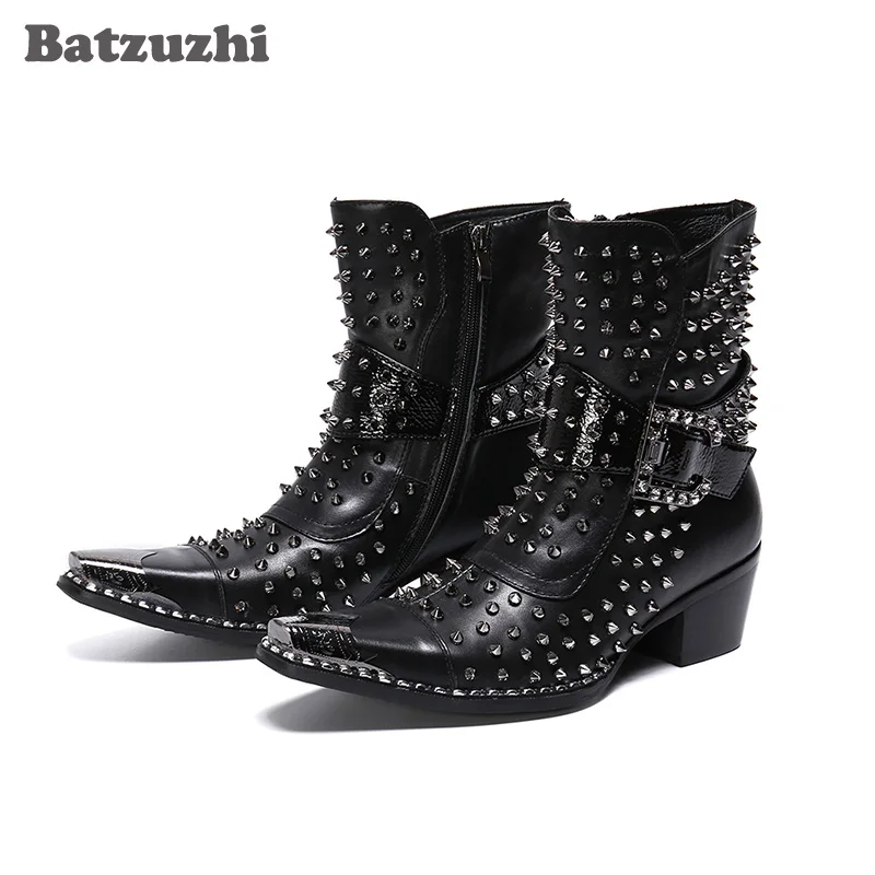 

Batzuzhi 6.5cm High Heels Boots Men Black Genuine Leather Men Boots Rivets Botas Hombre Pointed Metal Tip, Big Size EUR38-46