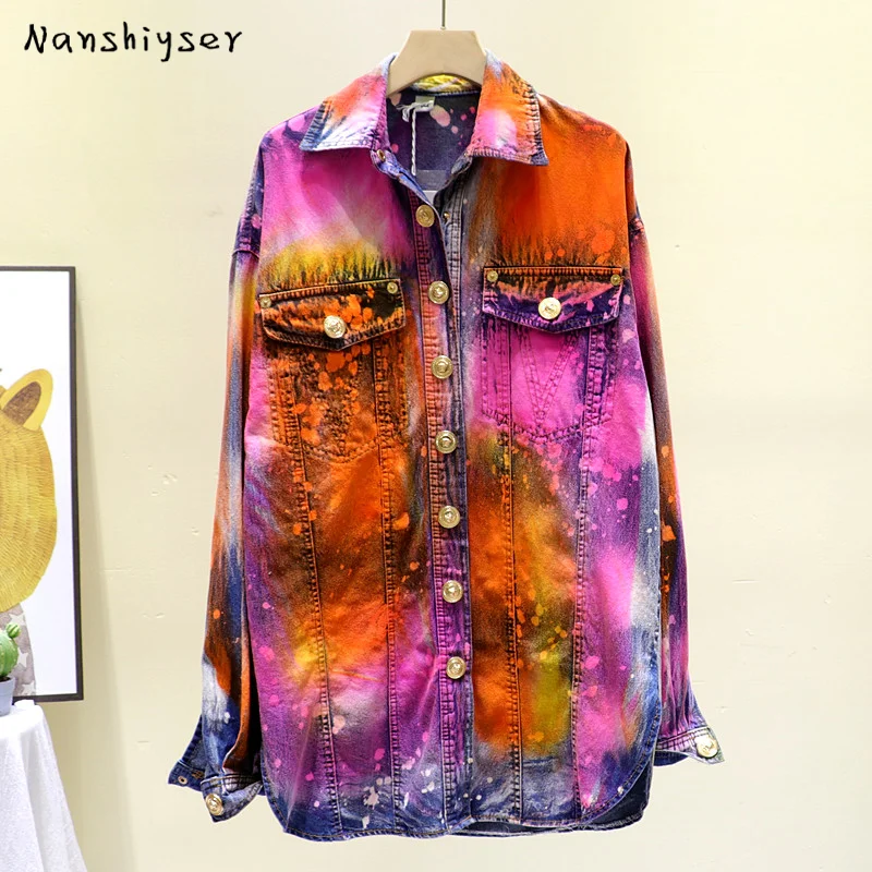 Autumn Women Multicolor Tie-dyeing Loose Punk Denim jacket Button Pocket Turn down collar Graffiti print Ropa Mujer Harajuku New
Autumn Women Multicolor Tie-dyeing Loose Punk Denim jacket Button Pocket Turn down collar Graffiti print Ropa Mujer Harajuku New