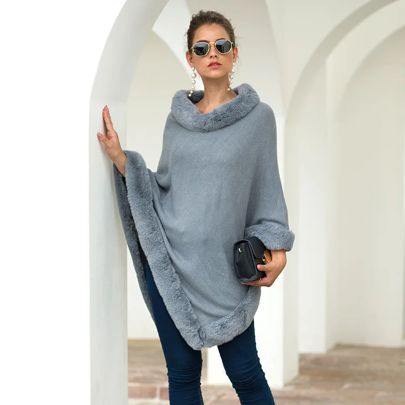 KALENMOS Autumn Winter Women O Neck Sweaters Cloak Ladies Fur Edge Round Pure Color Knitted Shawl Wraps Femme |