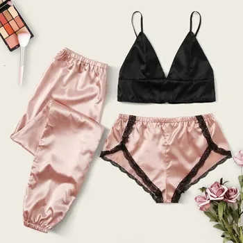 3PC Women Satin Silk Wireless Bra Shorts Trousers Set Sleepwear Pajamas Lingerie ladies print lace Seamless wire free suits
3PC Women Satin Silk Wireless Bra Shorts Trousers Set Sleepwear Pajamas Lingerie ladies print lace Seamless wire free suits