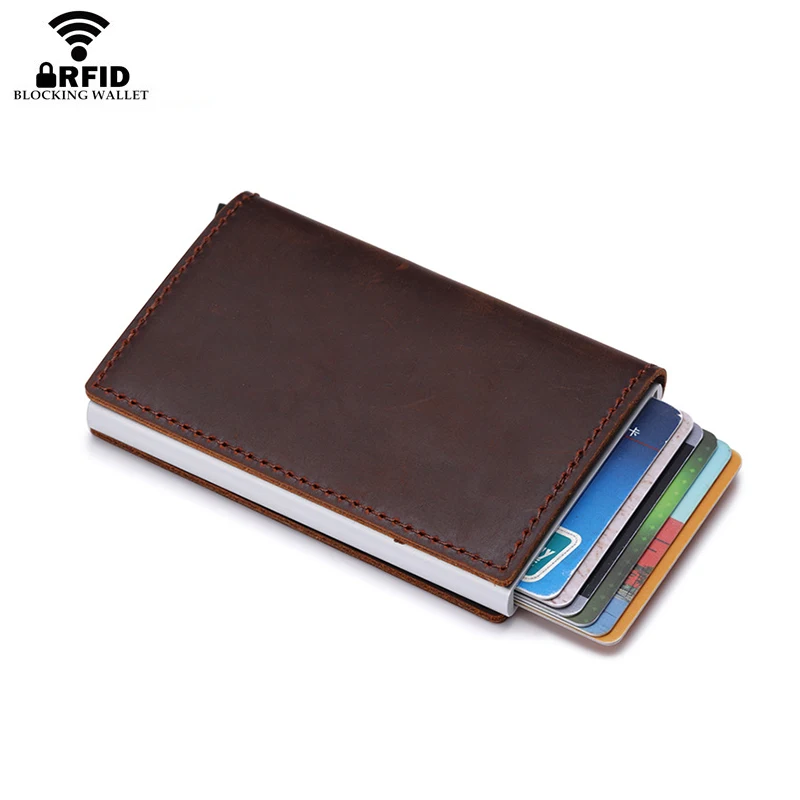 Фото BISI GORO 2020 Genuine Leather Business Credit Card Holder Non-scan Slim Vintage RFID Wallet Metal Case For Drop-shipping | Багаж и сумки
