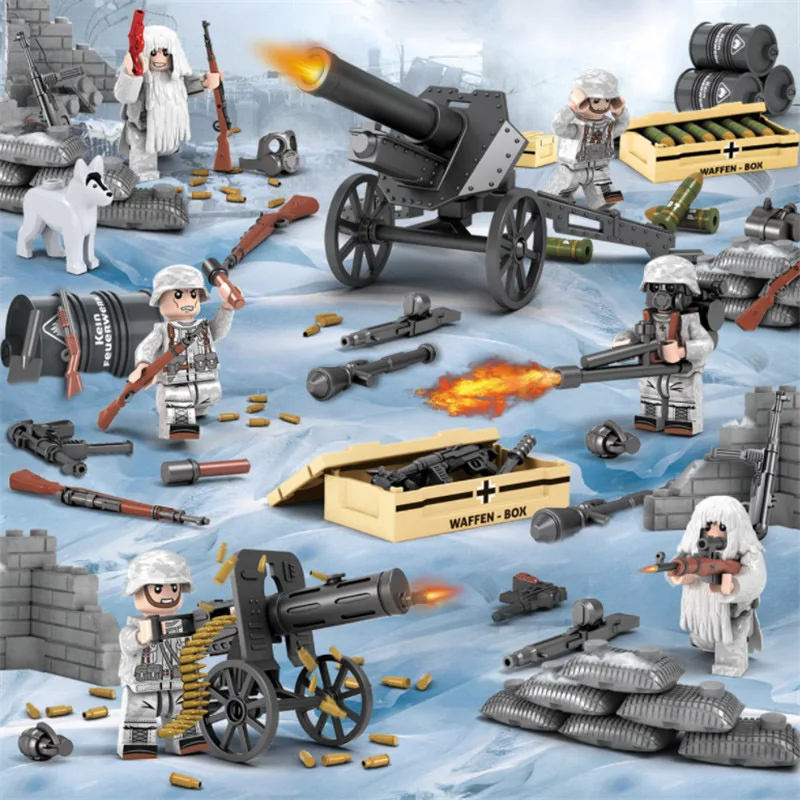 6pcs WW2 Alps battle Military Army Snow camouflage Soldiers with machine guns Weapons Building Blocks Brick Toys for Kids
6pcs WW2 Alps battle Military Army Snow camouflage Soldiers with machine guns Weapons Building Blocks Brick Toys for Kids