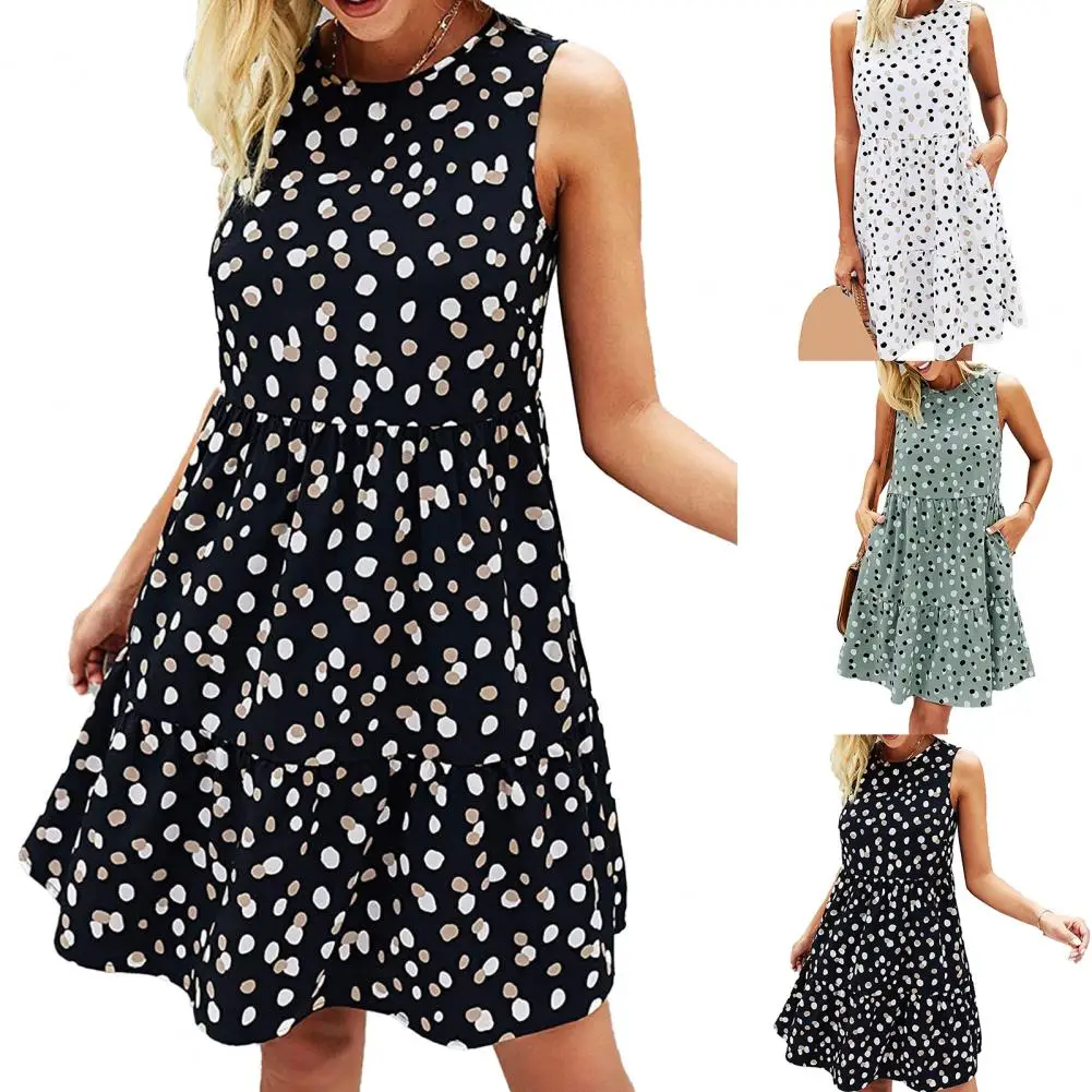 Summer Women's Dress O Neck Dots Print Sleeveless Large Hem Sundress Casual Lady Loose Knee-length Dress for Office vestidos 
Summer Women's Dress O Neck Dots Print Sleeveless Large Hem Sundress Casual Lady Loose Knee-length Dress for Office vestidos