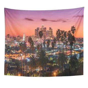 

Beautiful Sunset of Los Angeles Downtown Skyline and Palm Tapestry Home Decor Wall Hanging for Living Room Bedroom Dorm 50x60 in