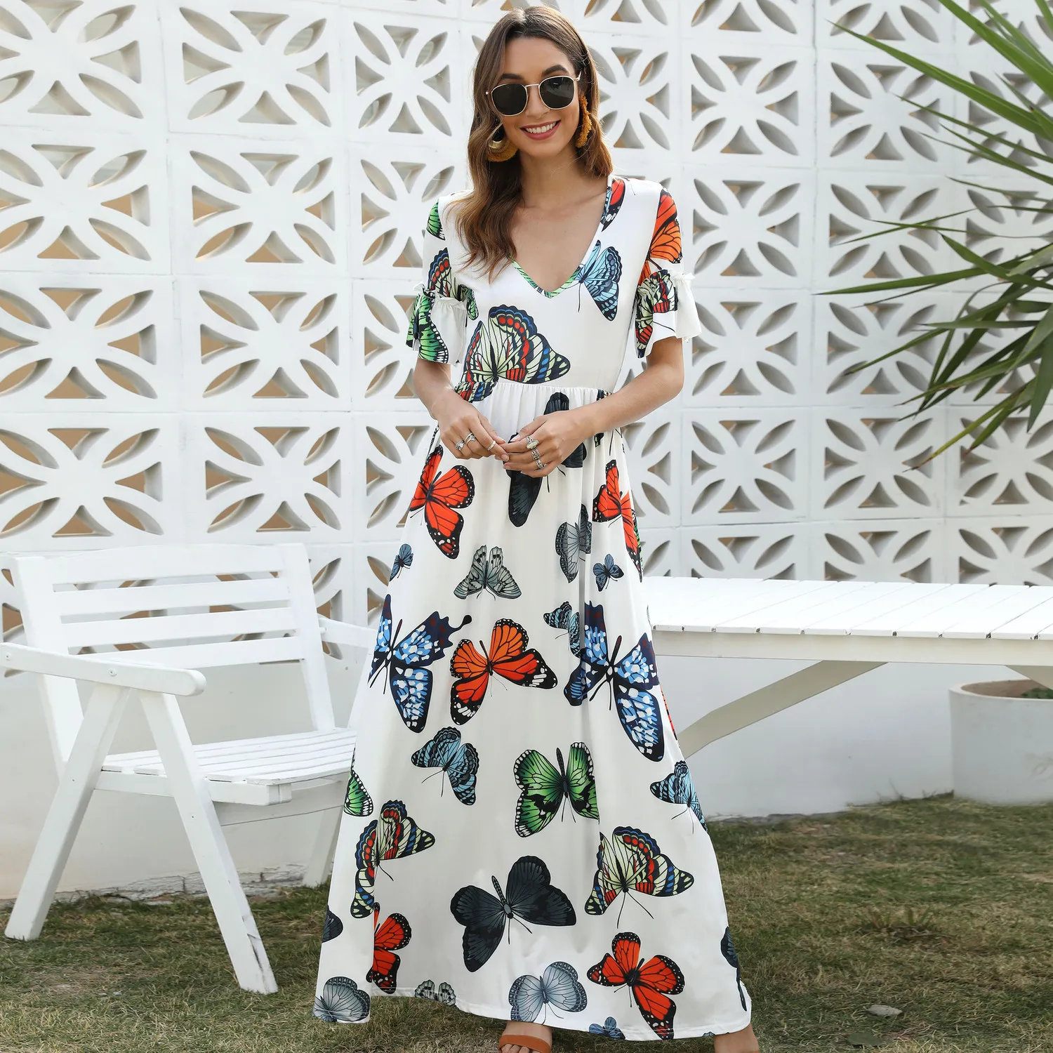Elegant Butterfly Printed Summer Dress A-Line V-Neck Short Sleeve Ruffles Casual Dress Ladies Simple Boho Dress Vestidos 2020 
Elegant Butterfly Printed Summer Dress A-Line V-Neck Short Sleeve Ruffles Casual Dress Ladies Simple Boho Dress Vestidos 2020