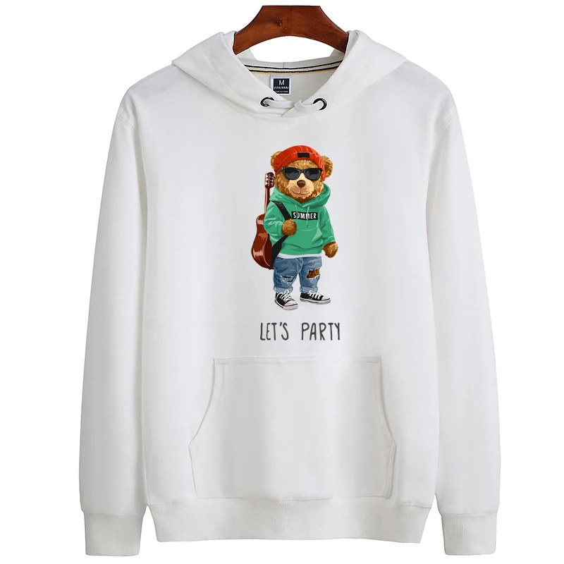 

100% Cotton Plus Velvet Guitar Bear Women's Pullover Men's Hoodie Winter Round Neck Loose Sweatshirt Super Dalian Hoodie Women