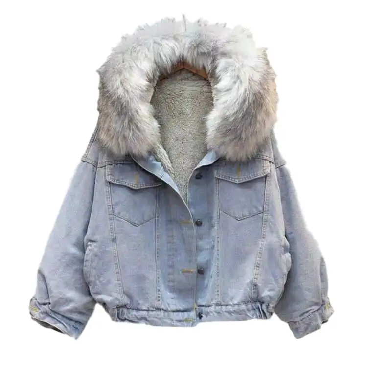 

Idopy Women`s Denim Jacket With Fleece Lined Fur Collar Loose Fit Winter Thermal Warm Jeans Jacket and Coat For Female